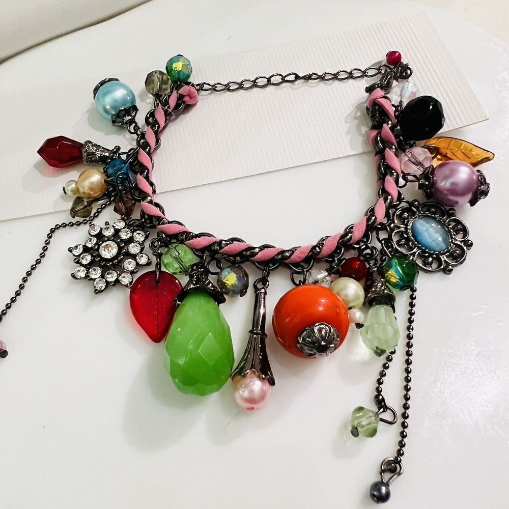 Art Glass Dangle Charm Bracelet Faux Pearl Leather Rhinestone Dangle Green Orang